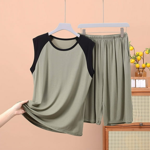 Delliss Summer Pajama Sets for Men 2 Piece Sleeveless Tank Casual Sleepwear Soft Pj Sets Top And Shorts Loungewear Set