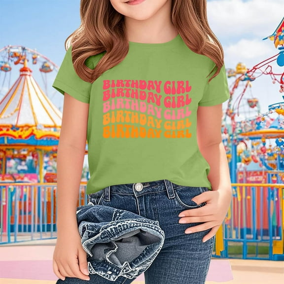 Delliss Summer T-Shirts Girl's Casual Tops Tee Birthday Crew Neck T-Shirts 2-15Years Everyday Short Sleeve Tops