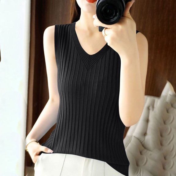 Delliss Summer Tops for Women Sleeveless V Neck Tshirt Loose Fit Casual Tank Tunic Blouse S-3XL