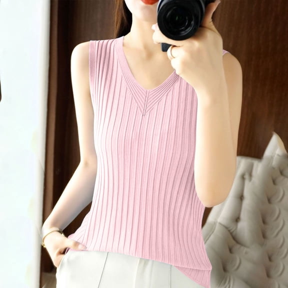 Delliss Summer Tops for Women Sleeveless V Neck Tshirt Loose Fit Casual Tank Tunic Blouse S-3XL