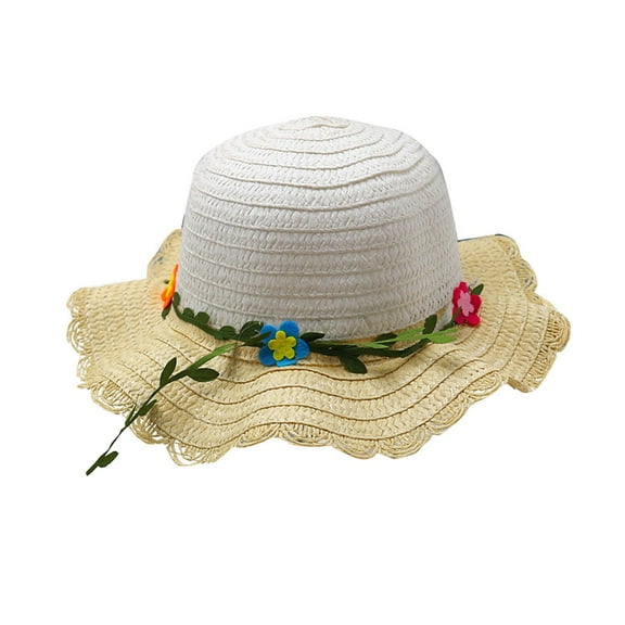 Delliss Summer Wide Brim Straw Hat Girls Beach Hat Sun Straw Hat 3-7 Years Kids Beach Boho Outdoor Sun Protection Hat