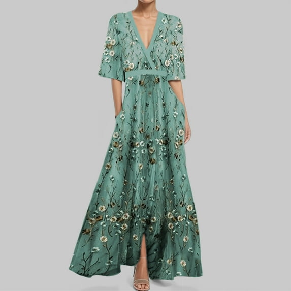 Delliss Summer Woman Elegant Dresses Ankle Length Dresses For Woman Elbow Sleeve Trendy Dresses Lady Maxi Print Dresses With Sleeve Green L