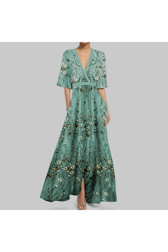 Summer Woman Elegant Dresses Ankle Length Dresses For Woman Elbow Sleeve Trendy Dresses Lady Maxi Print Dresses With Sleeve Green XL