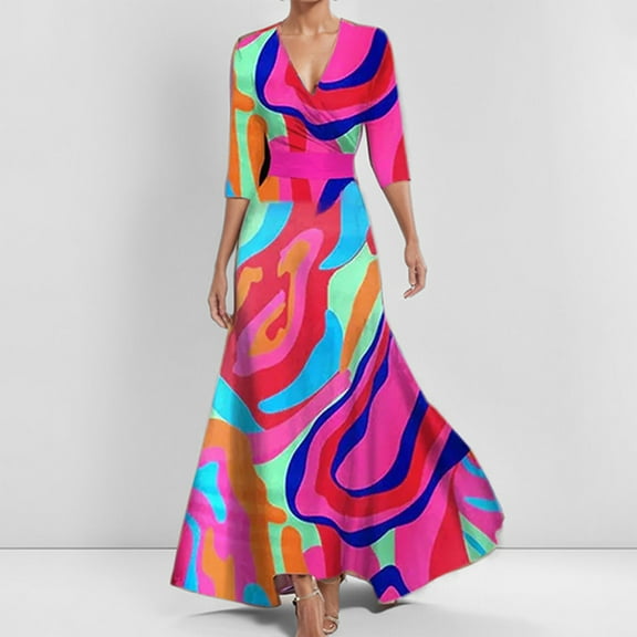 Delliss Summer Woman Elegant Dresses Ankle Length Dresses For Woman Elbow Sleeve Trendy Dresses Lady Maxi Print Dresses With Sleeve Hot Pink M