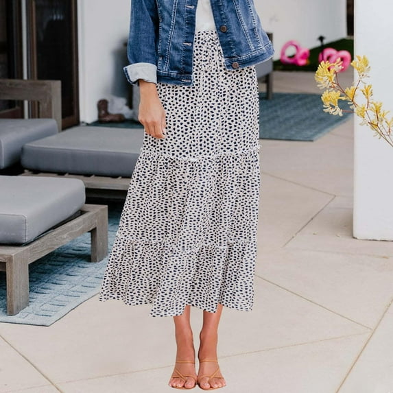 Delliss Summer Women's Fashion Ruffle Skirts Elastic Waist Basic Baggy Skirt Gray M