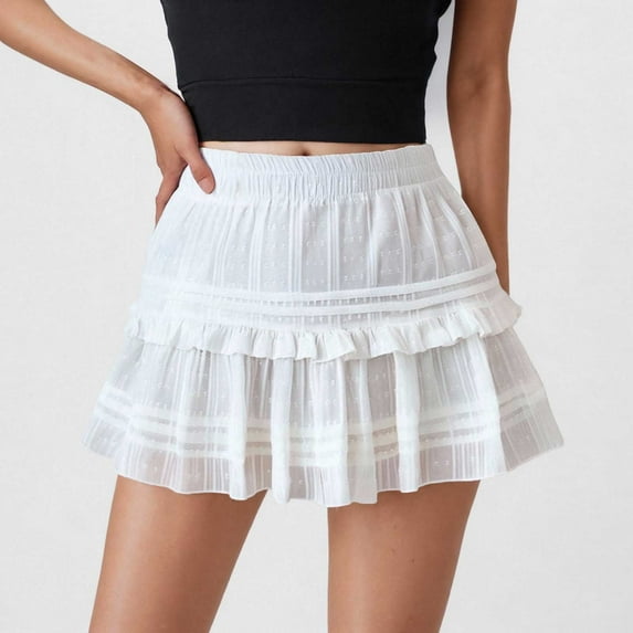 Delliss Summer Women's Print Short Skirts Casual Pleated Elastic Waist Skirts White XXXXL