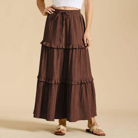 Delliss Summer Women's Tiered Ruffle Drawstring Skirts Solid Color Ankle Length Skirts Coffee L