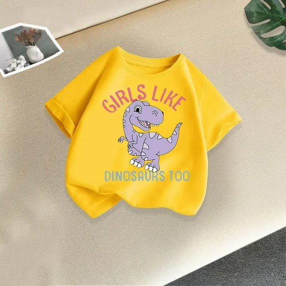 Delliss Toddler Baby Girl Short Sleeve Dinosaur T-Shirt short Sleeve Cotton Tops Tee Crew Neck 2-14 Years casual Shirts