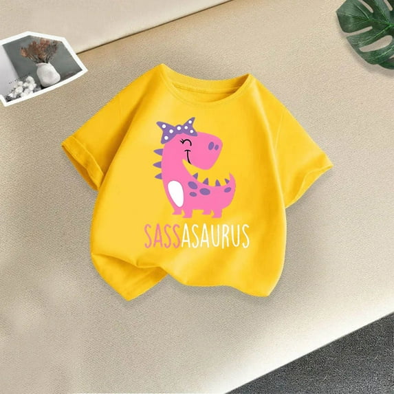 Delliss Toddler Baby Girl Short Sleeve Dinosaur T-Shirt short Sleeve Cotton Tops Tee Crew Neck 2-14 Years casual Shirts