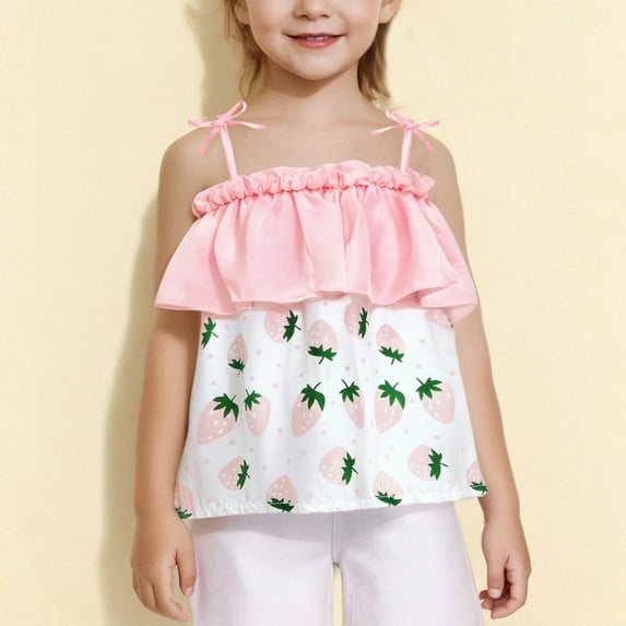 Delliss Toddler Baby Girl's Off The Shoulder Ruffle Trim Strawberry Print Clothes Sleeveless Adjustable strap Blouse Top 1-5 Years
