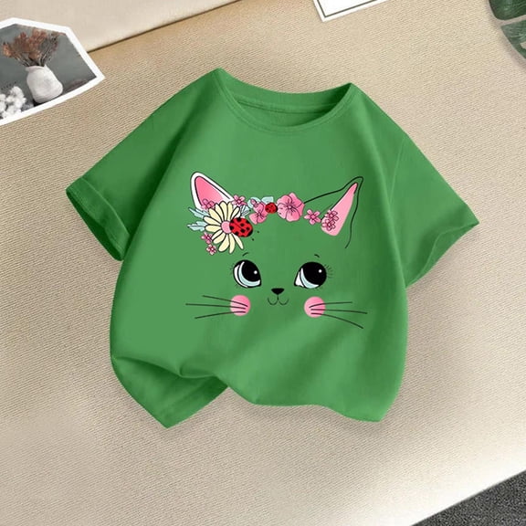 Delliss Toddler Baby Girls Cap Sleeve T-Shirts Cotton Cat Print Cute T-Shirts Cute Casual Dressy T Shirt Tops 2-14 Years