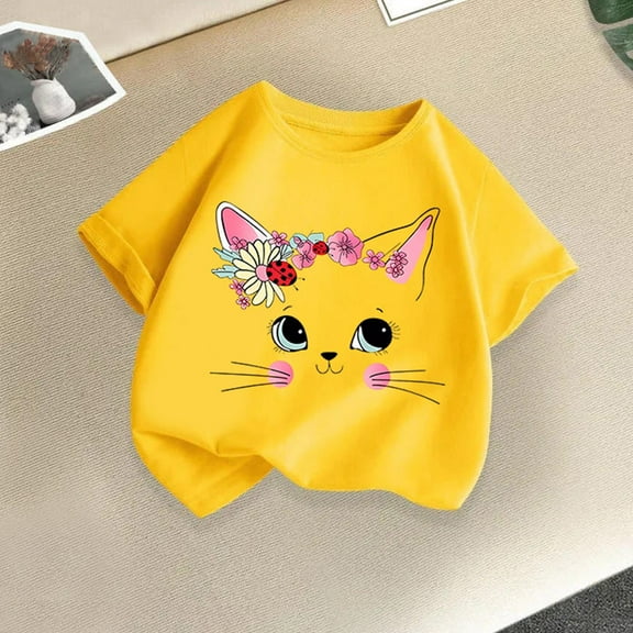 Delliss Toddler Baby Girls Cap Sleeve T-Shirts Cotton Cat Print Cute T-Shirts Cute Casual Dressy T Shirt Tops 2-14 Years