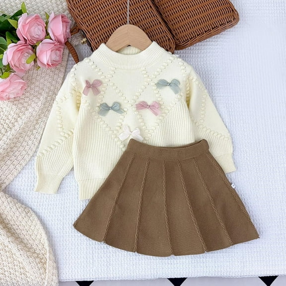 Delliss Toddler Baby Girls Fall Outfits Long Sleeve Knitted Bowknot Sweater Tops Pleated Mini Skirt Set Autumn Winter Clothes Set 3-8 Years