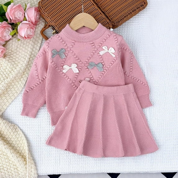 Delliss Toddler Baby Girls Fall Outfits Long Sleeve Knitted Bowknot Sweater Tops Pleated Mini Skirt Set Autumn Winter Clothes Set 3-8 Years