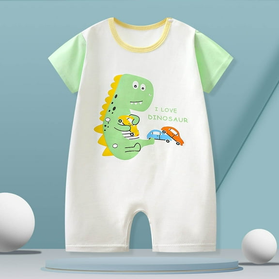 Delliss Toddler Baby Girls Short Sleeve Dinosaur Print Rompers Girls Cute Jumpsuits One Piece Cotton Outfits Green 3-15 Months