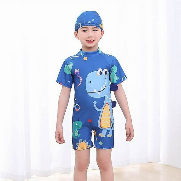 Delliss Toddler Boys Dinosaur Print Swimsuits One Piece Rash Guard Swimwear Zipper Bathing Suit with Hat Dinosaur Swimsuit Set
