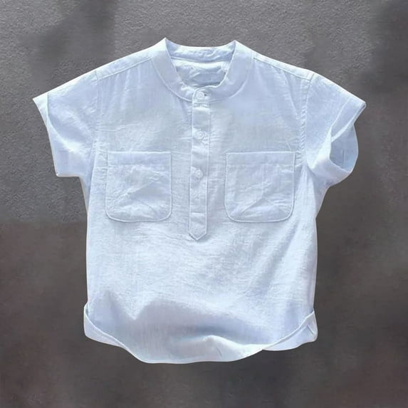 Delliss Toddler Boys Short Sleeve Henley Shirt Button Up Cotton Dressy Shirts Lightweight Tees Tops with Chest Two Pocket 1-12 Years