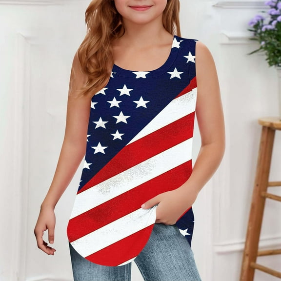 Delliss Toddler Girl Summer Star Print Tank Tops Casual Sleeveless Crew Neck Sports Loose T Shirt