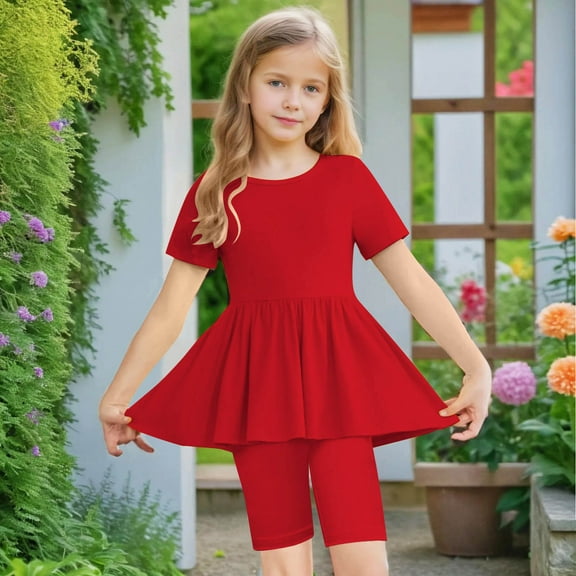 Delliss Toddler Girl Trendy Cute Clothes 2 Piece Summer Outfit Short Sleeve Flowing Ruffle Hem Top And Biker Sports Shorts Set 5-15 Years