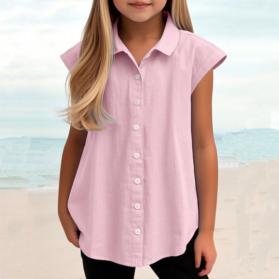 Delliss Toddler Girl Trendy Shirts Button Down Blouses Sleeveless Lapel Solid Casual Tank Top Pink 140