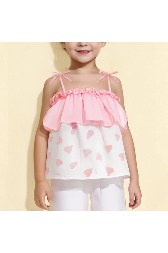 Toddler Girl's Off The Shoulder Ruffle Trim Love Printed Pattern Clothes Flounce Sleeve Adjustable strap Blouse Top 1-5 Years