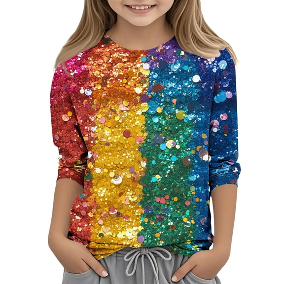 Delliss Toddler Girls 3/4 Sleeve Sequin Print Clothes Cute Fashion Shirt Loose Color Block T-Shirt 3-12 Years