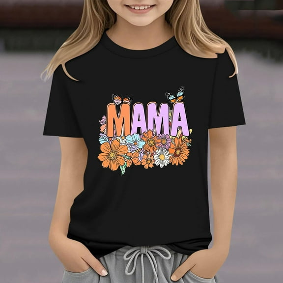Delliss Toddler Girls Clothes Casual Mother's Day Printed Short Sleeve Crew Neck Tops Girl Summer Top 2-14 Years