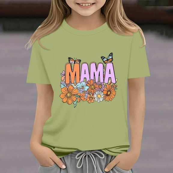 Delliss Toddler Girls Clothes Casual Mother's Day Printed Short Sleeve Crew Neck Tops Girl Summer Top 2-14 Years