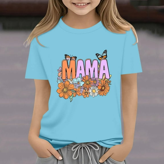 Delliss Toddler Girls Clothes Casual Mother's Day Printed Short Sleeve Crew Neck Tops Girl Summer Top 2-14 Years