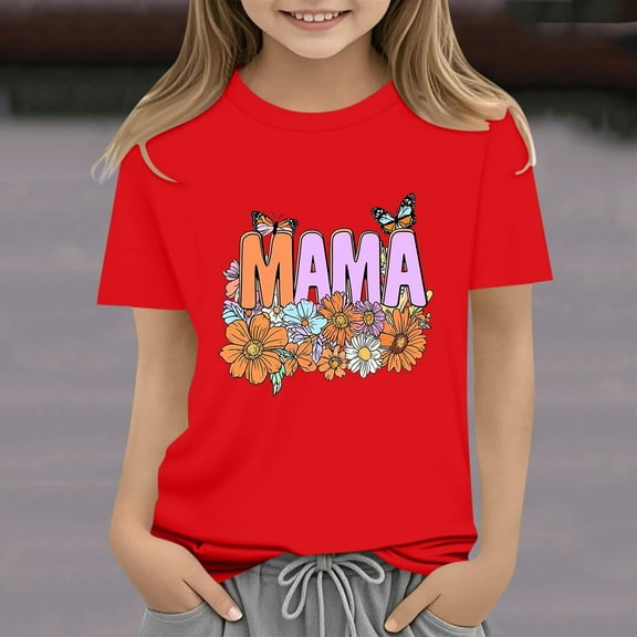 Delliss Toddler Girls Clothes Casual Mother's Day Printed Short Sleeve Crew Neck Tops Girl Summer Top 2-14 Years