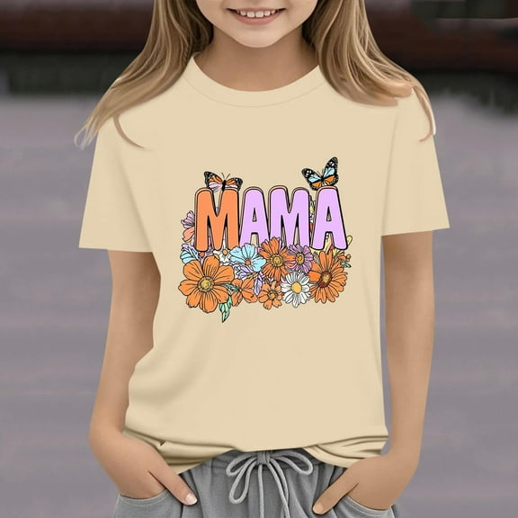 Delliss Toddler Girls Clothes Casual Mother's Day Printed Short Sleeve Crew Neck Tops Girl Summer Top 2-14 Years