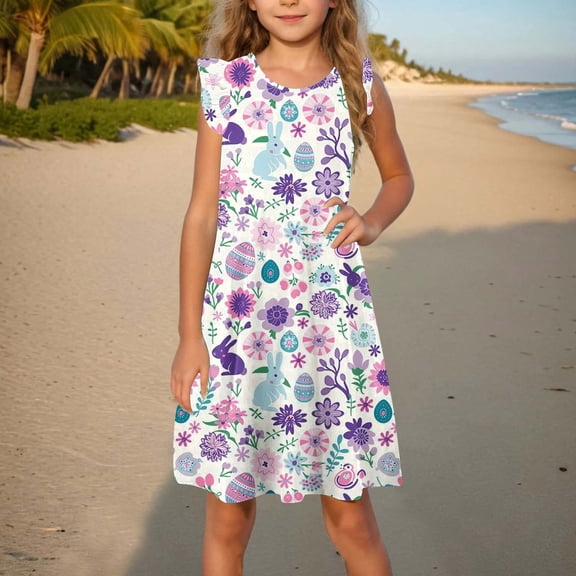 Delliss Toddler Girls Easter Dresses Easter Flutter Sleeve Dresses Casual Party School Dresses Floral Bunny Rabbit Graphic Dresses for Kids