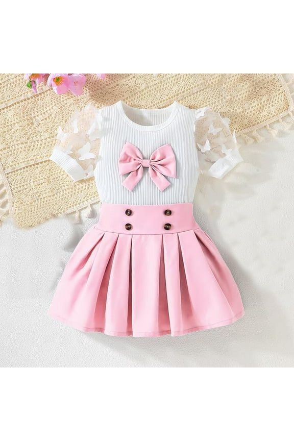 Toddler Girls Fashion Clothes Set Puff Short Sleeve Knit Tops+Mini Button Skirts Dress Set Summer Outfit