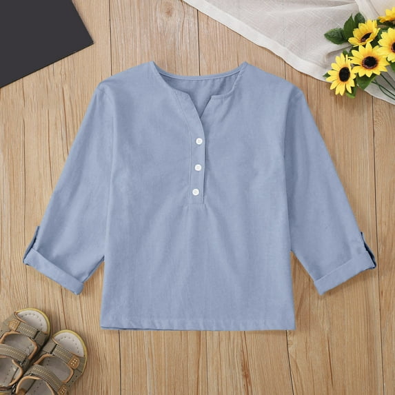 Delliss Toddler Girls Fashion Long Sleeve Linen Blouse Casual V Neck T-Shirt Light Blue 150