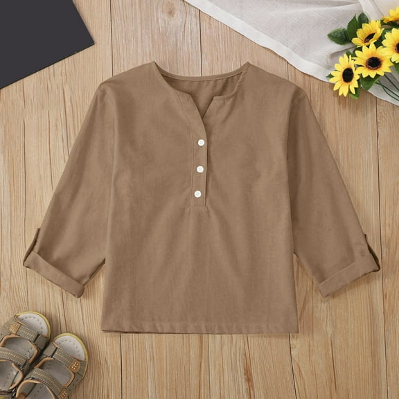 Delliss Toddler Girls Fashion Long Sleeve Linen Blouse Casual V Neck T-Shirt Khaki 140