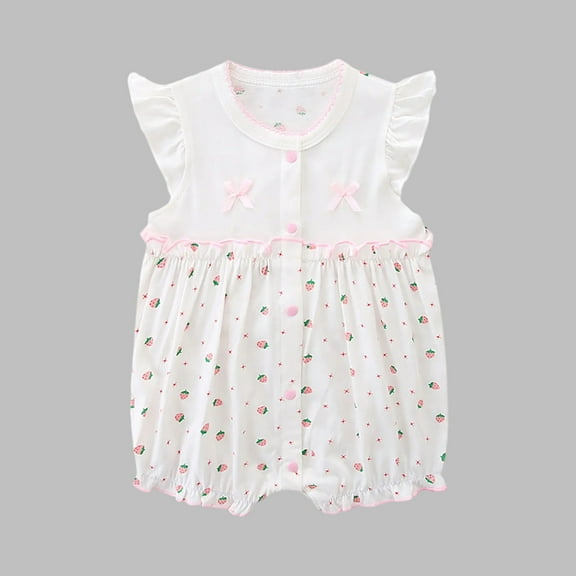 Delliss Toddler Girls Ruffle Button Onesie Cute Print Romper Sleeveless Button Down Jumpsuit with Bowknot