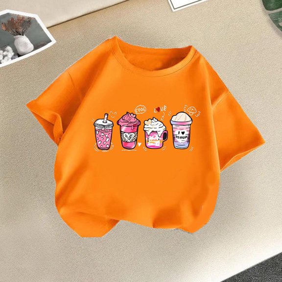 Delliss Toddler Girls Short Sleeve Cotton Milk tea Print T-Shirts Cute Casual Dressy T Shirt Tops 2-14 Years