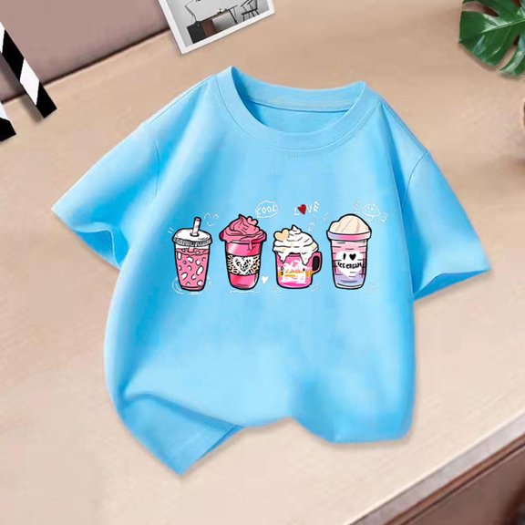 Delliss Toddler Girls Short Sleeve Cotton Milk tea Print T-Shirts Cute Casual Dressy T Shirt Tops 2-14 Years