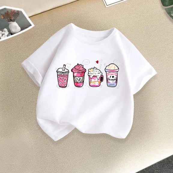 Delliss Toddler Girls Short Sleeve Cotton Milk tea Print T-Shirts Cute Casual Dressy T Shirt Tops 2-14 Years