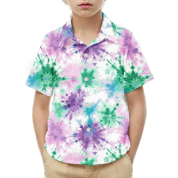 Delliss Toddler Hawaiian Shirt Tie-Dye Hawaiian Short Sleeved Shirt Button Shirt Party Holiday Camp Casual Top