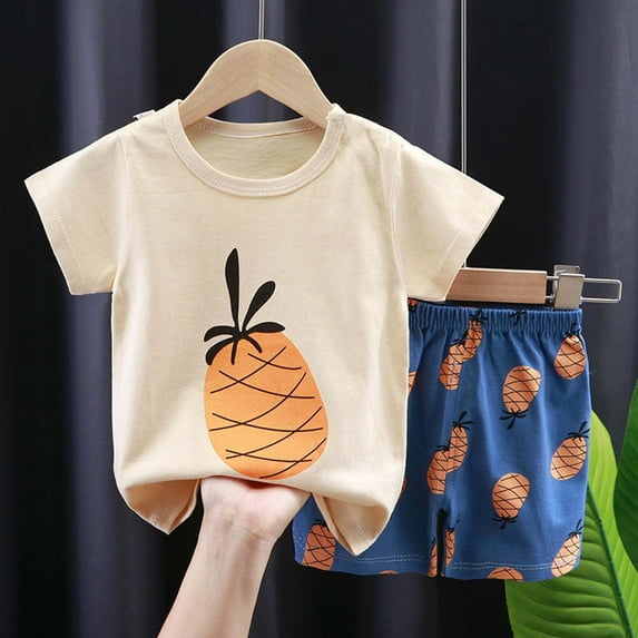 Delliss Toddler Kids Clothes Outfits Shirts Sets Summer Thin Cotton Round Neck Short Sleeve Set Home Wear Two Piece Set Cute Printed T-shirt Shorts 0-6 Years