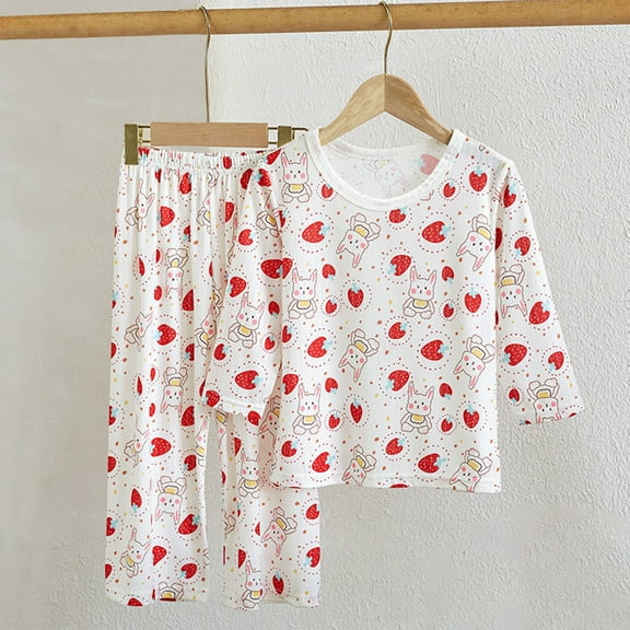 Delliss Toddler Pajamas Girls Boys Long-Sleeve Sleepwear Pants Cute Rabbit Strawberry Print Pajama Summer 2PCS Sleep Sets