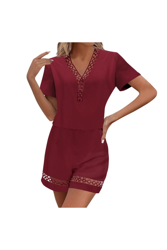 Two Piece Outfits For Women Summer V Neck T-Shirt Tops Biker Shorts Workout Sports Tracksuit Hollow Out Set