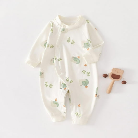 Delliss Unisex Cotton Snail Print Rompers Round Neck Long Sleeve Infant Jumpsuit with Button Spring and Fall