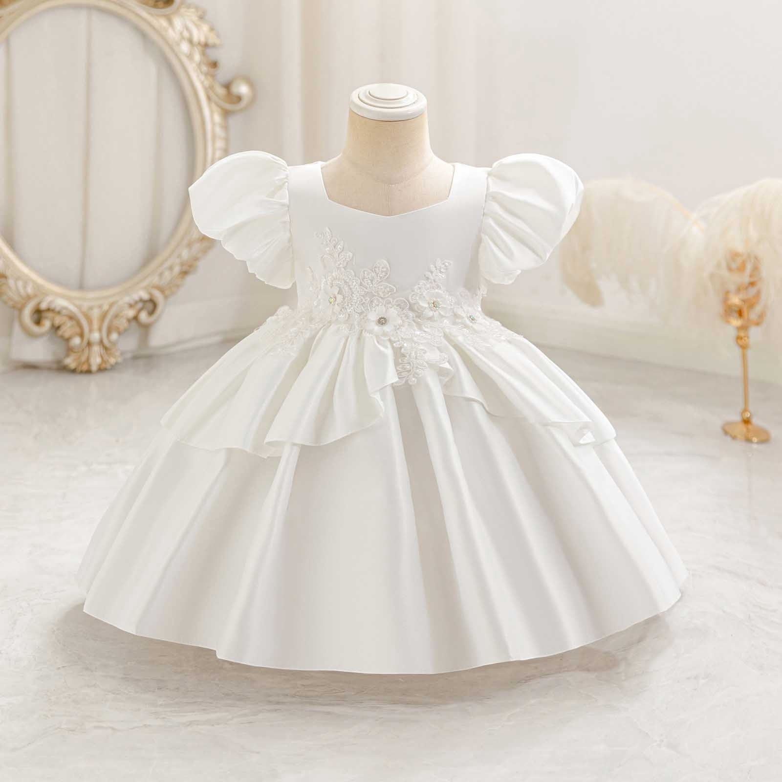 Vintage Flower Girl Dress Embroidery Little/Big Girls Wedding Holiday Ballgown White 3 Years