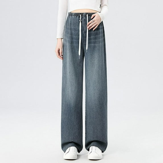 Delliss Woman Maternity Drawstring Denim Pant Pregnant Wide Leg Elastic Waist Denim Pant Blue XXL