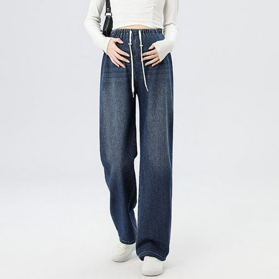 Delliss Woman Maternity Drawstring Denim Pant Pregnant Wide Leg Elastic Waist Denim Pant Dark Blue XL