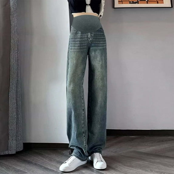 Delliss Woman Maternity High Waist Denim Pant Pregnant Wide Leg Trendy Denim Pant Gray XXL