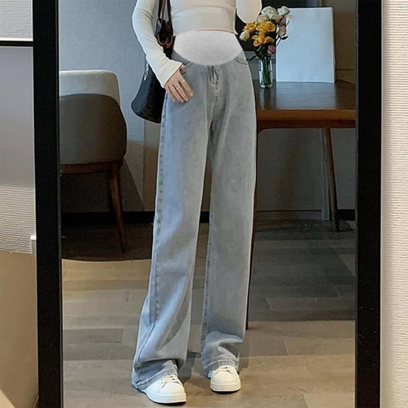 Delliss Woman Maternity High Waist Denim Pant Pregnant Wide Leg Trendy Denim Pant Light Blue XXL