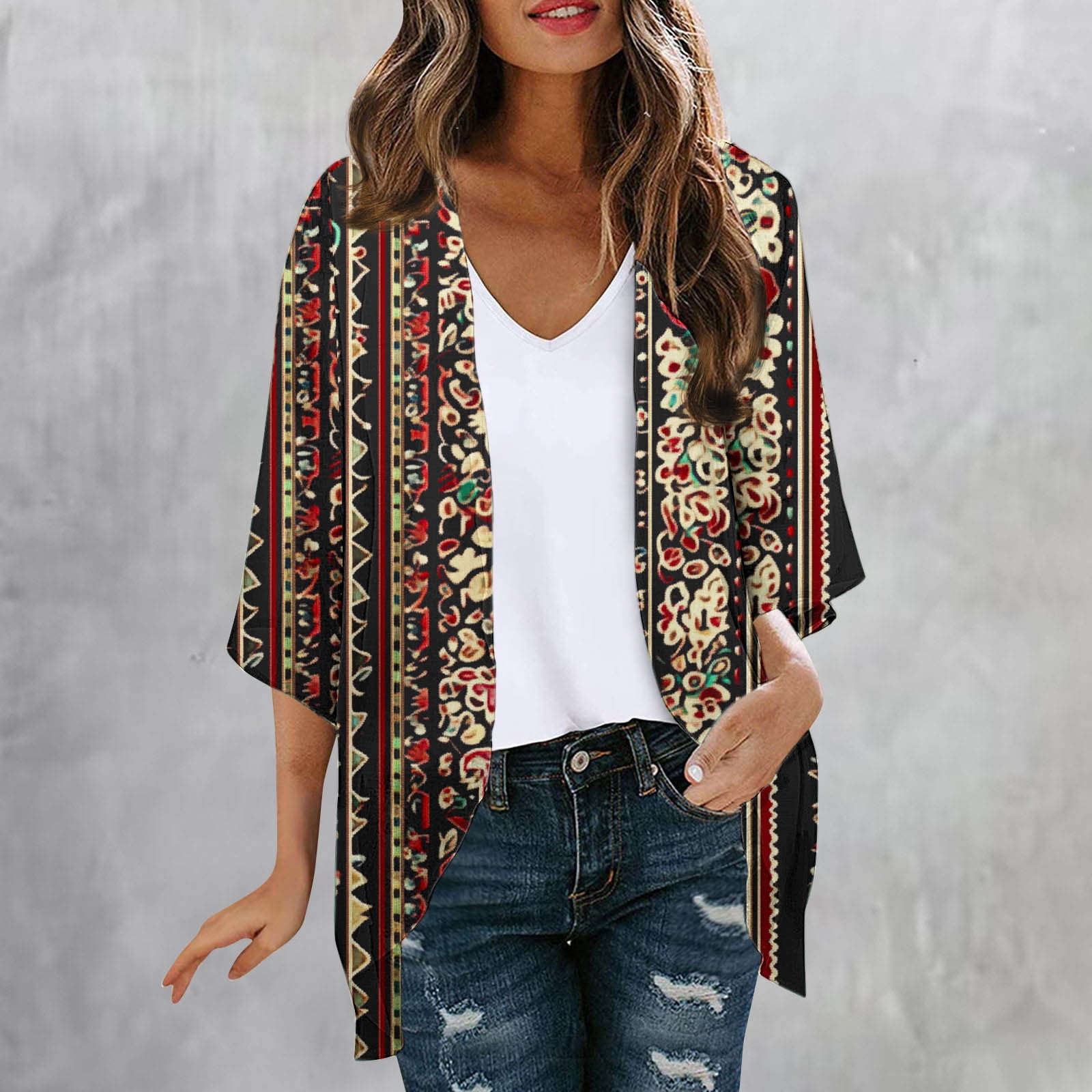 Delliss Wome's Plus Size Cardigan Fashion Casual Print Jacket 3/4 ...